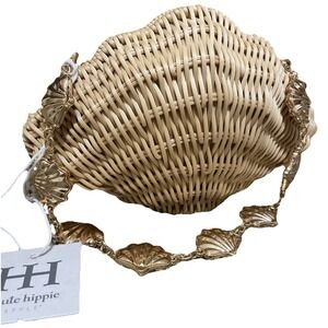 Viral Haute Hippie Shell Bag Seashell Clutch Natural Woven Bag Gold Chain Purse